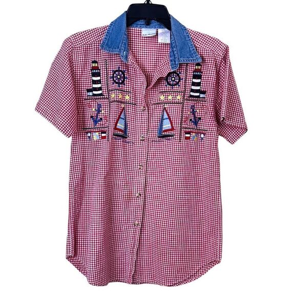 Vintage 90’s Bobbie Brooks Red Checkered Sailboat Shirt Size Small - Picture 1 of 5
